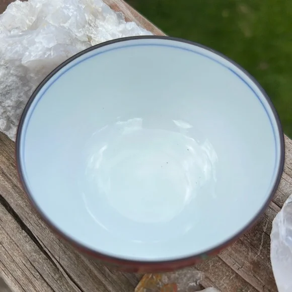 Japanese Tachikichi Red and Green Bamboo Design Tea Bowl with lid. Vintage - Picture 2 of 5
